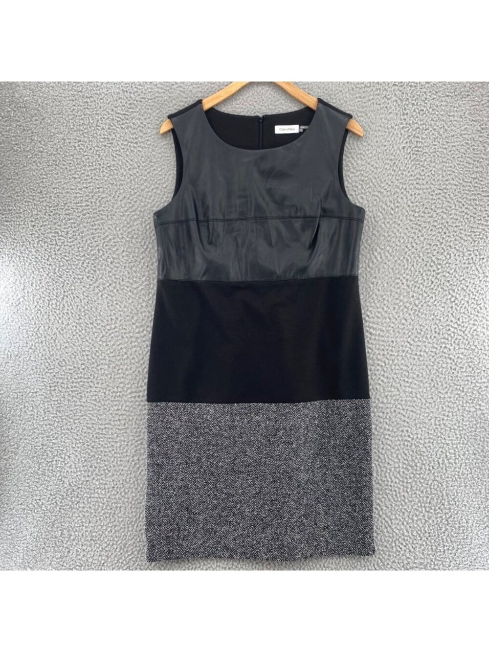 Calvin Klein Dress Womens 10 Black Colorblock PU Tweed Herringbone Shift Mini